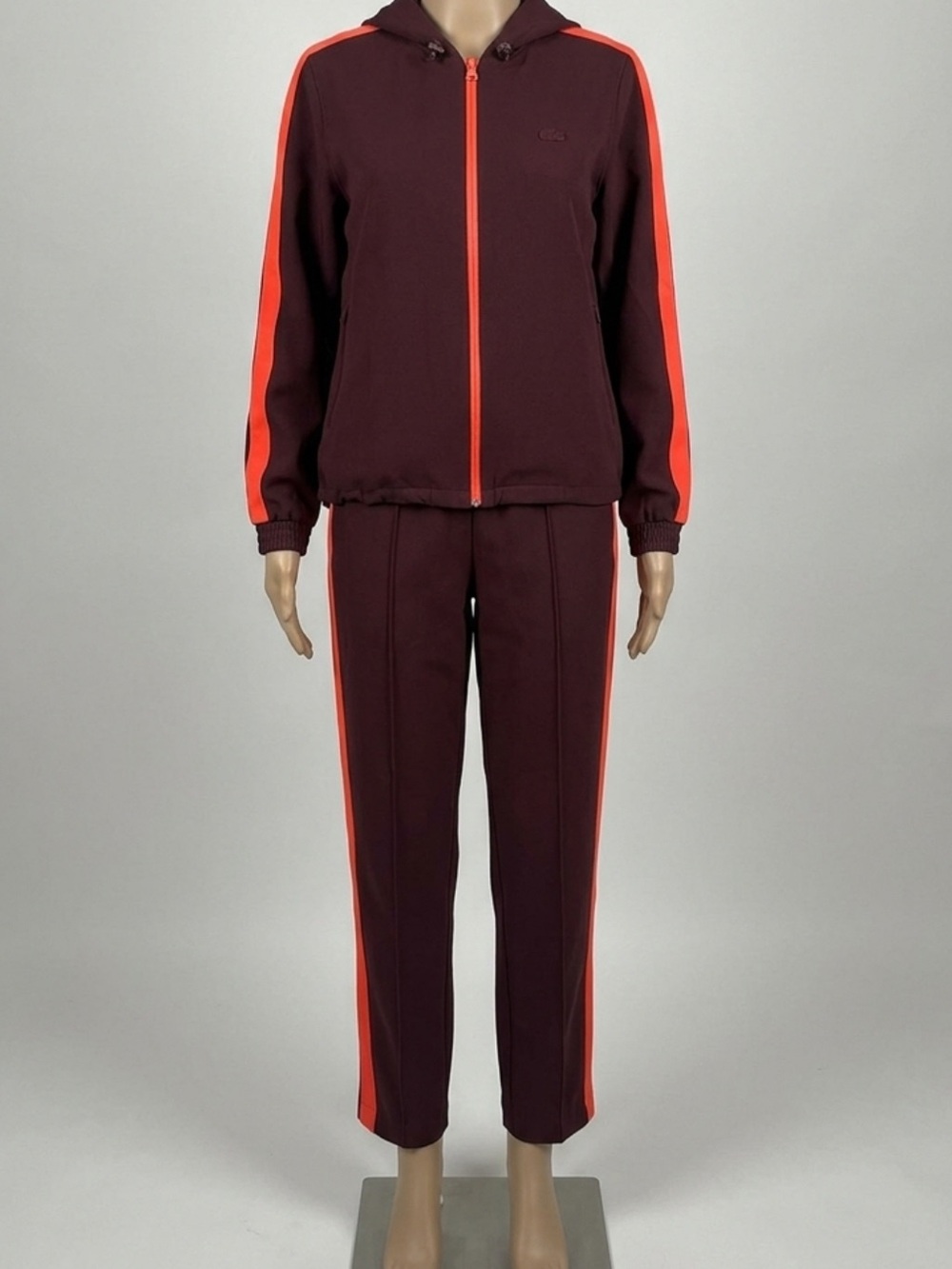 Lacoste Women's Burgundy Tracksuit with Bright Red-Orange Side Stripe
